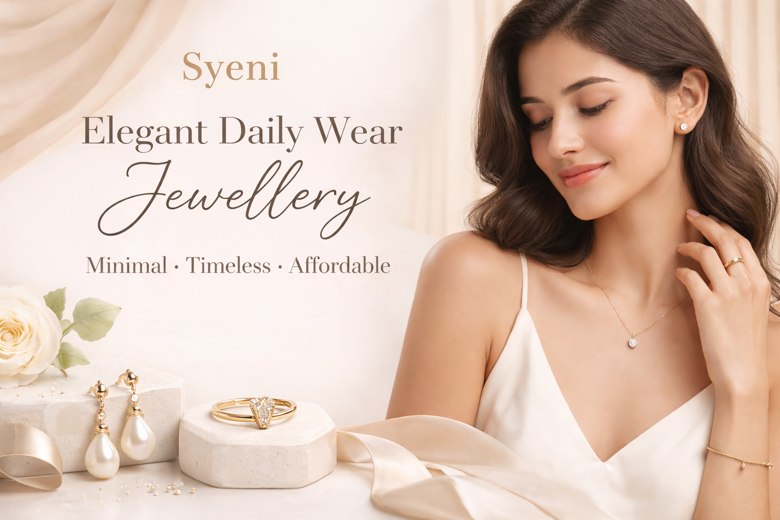 Minimal daily wear jewellery banner featuring a woman wearing elegant gold necklace, earrings, bracelet, and ring with soft beige luxury background and pearl jewellery display for Syeni brand.